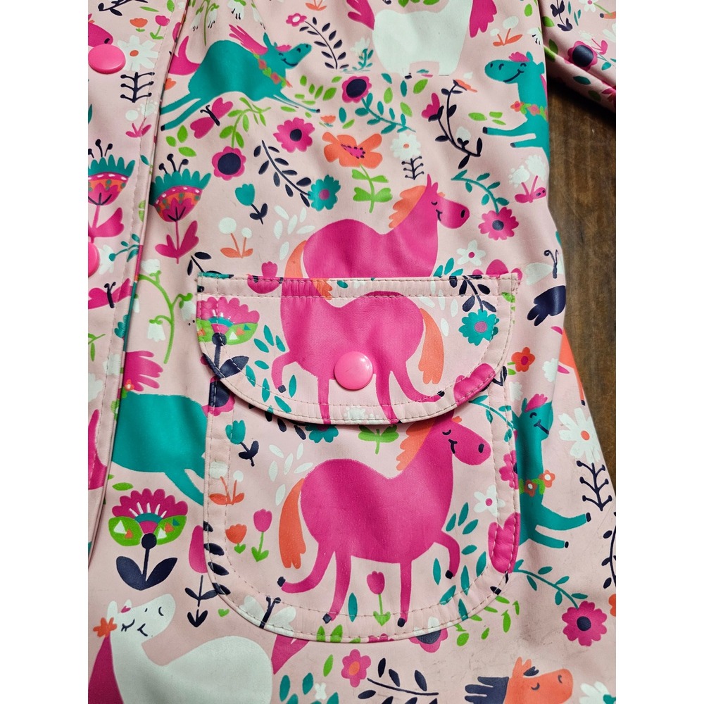 Hatley Girls Pink Horse Floral Print Hooded Rain Jacket Size 5 Terry Lined - Picture 3 of 7